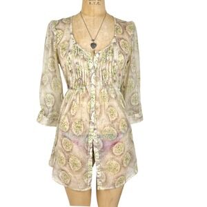 Boho Kimchi Blue Sheer Pintuck Tunic Top Green Floral Button Up Sz M Ethereal